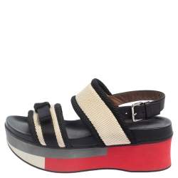 Marni Black/White Canvas And Leather Bow Embellished Slingback Platform Sandals Size 38