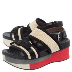 Marni Black/White Canvas And Leather Bow Embellished Slingback Platform Sandals Size 38