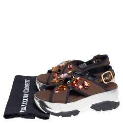 Marni Brown Fabric Jewel Embellished Crisscross Platform Sandals Size 39