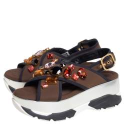 Marni Brown Fabric Jewel Embellished Crisscross Platform Sandals Size 39