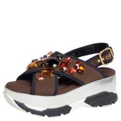 Marni Brown Fabric Jewel Embellished Crisscross Platform Sandals Size 39