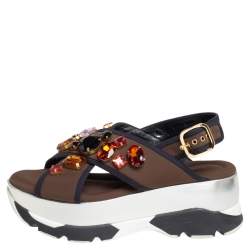 Marni Brown Fabric Jewel Embellished Crisscross Platform Sandals Size 39