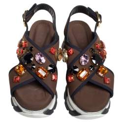 Marni Brown Fabric Jewel Embellished Crisscross Platform Sandals Size 39