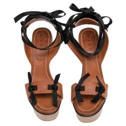 Pre Owned Marni Brown Leather Platform Ankle Wrap Sandals Size 37.5
