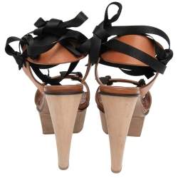 Pre Owned Marni Brown Leather Platform Ankle Wrap Sandals Size 37.5