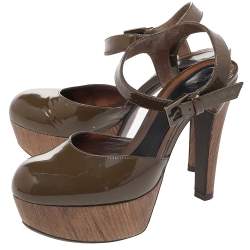 Marni Olive Green Patent Leather Platform Ankle Strap Sandals Size 38
