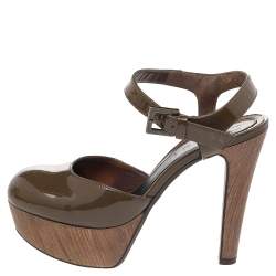 Marni Olive Green Patent Leather Platform Ankle Strap Sandals Size 38