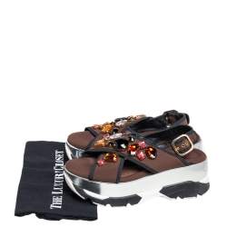 Pre Owned Marni Brown Fabric Jewel Embellished Crisscross Platform Sandals Size 39