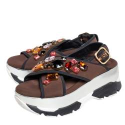 Pre Owned Marni Brown Fabric Jewel Embellished Crisscross Platform Sandals Size 39