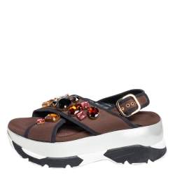 Pre Owned Marni Brown Fabric Jewel Embellished Crisscross Platform Sandals Size 39