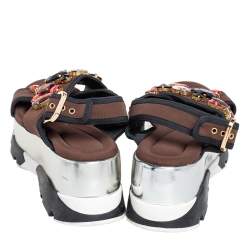 Pre Owned Marni Brown Fabric Jewel Embellished Crisscross Platform Sandals Size 39