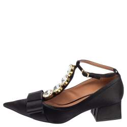 Pre Owned Marni Black Satin Embellished Block Heel Pumps Size 38