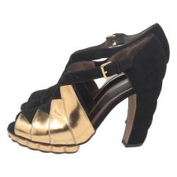 Pre Owned Marni Black-Gold Suede And Patent Leather Sandals Size 39.5