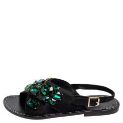 Marni Black Calf Hair Crystal Embellished Flat Sandals Size 41