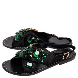 Marni Black Calf Hair Crystal Embellished Flat Sandals Size 41