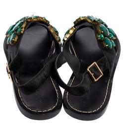 Marni Black Calf Hair Crystal Embellished Flat Sandals Size 41
