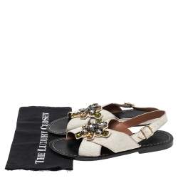 Pre Owned Marni White Calf Hair Cross Strap Embellished Slingback Flat Sandals Size 41