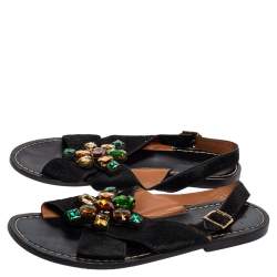 Pre Owned Marni Black Calf Hair Embellished Cross Strap Slingback Flat Sandals Size 41