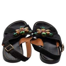 Pre Owned Marni Black Calf Hair Embellished Cross Strap Slingback Flat Sandals Size 41