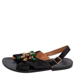 Pre Owned Marni Black Calf Hair Embellished Cross Strap Slingback Flat Sandals Size 41