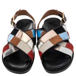 Pre Owned Marni Multicolor Calf Leather And Leather Slingback Flat Sandals Size 41