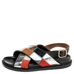 Pre Owned Marni Multicolor Calf Leather And Leather Slingback Flat Sandals Size 41