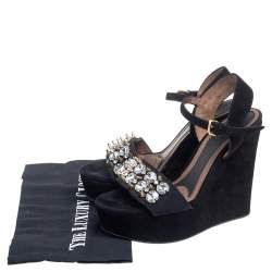 Pre Owned Marni Black Suede and Fabric Embellished Crystals Platform Wedge Sandals Size 37