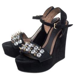 Pre Owned Marni Black Suede and Fabric Embellished Crystals Platform Wedge Sandals Size 37