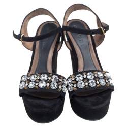 Pre Owned Marni Black Suede and Fabric Embellished Crystals Platform Wedge Sandals Size 37