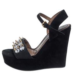 Pre Owned Marni Black Suede and Fabric Embellished Crystals Platform Wedge Sandals Size 37