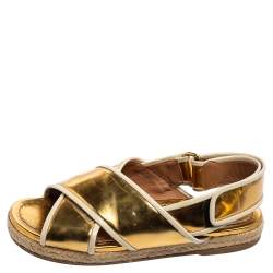 Pre Owned Marni Metallic Gold Leather Espadrille Flat Sandals Size 37