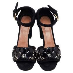 Pre Owned Marni Black Felt Embellished Block Heel Ankle Strap Sandals Size 39
