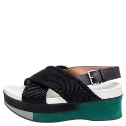 Pre Owned Marni Black Nylon And Leather Wedge Platform Slingback Sandals Size 38