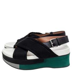 Pre Owned Marni Black Nylon And Leather Wedge Platform Slingback Sandals Size 38