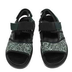 Pre Owned Marni Green Glitter And Fabric Velcro Strap Flat Sandals Size 37