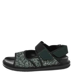 Pre Owned Marni Green Glitter And Fabric Velcro Strap Flat Sandals Size 37