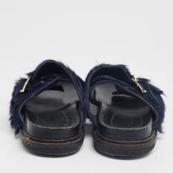 Pre Owned Marni Navy Blue Fur Fussbett Slip-On Flat Sandals Size 39