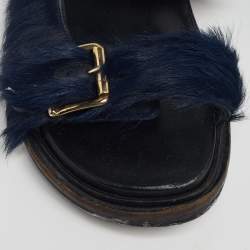 Pre Owned Marni Navy Blue Fur Fussbett Slip-On Flat Sandals Size 39