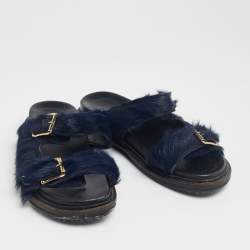 Pre Owned Marni Navy Blue Fur Fussbett Slip-On Flat Sandals Size 39
