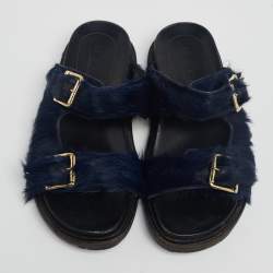 Pre Owned Marni Navy Blue Fur Fussbett Slip-On Flat Sandals Size 39