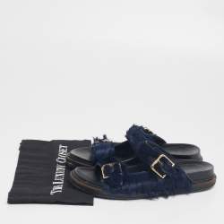 Pre Owned Marni Navy Blue Fur Fussbett Slip-On Flat Sandals Size 39