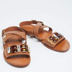 Pre Owned Marni Tan Leather Jewel Embellished Flat Sandals Size 41