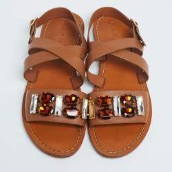 Pre Owned Marni Tan Leather Jewel Embellished Flat Sandals Size 41