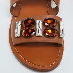 Pre Owned Marni Tan Leather Jewel Embellished Flat Sandals Size 41