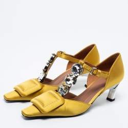 Marni Yellow Satin Crystal Embellished T-Bar Pumps Size 36