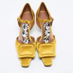 Marni Yellow Satin Crystal Embellished T-Bar Pumps Size 36