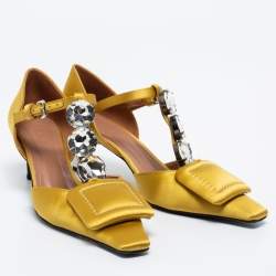 Marni Yellow Satin Crystal Embellished T-Bar Pumps Size 36
