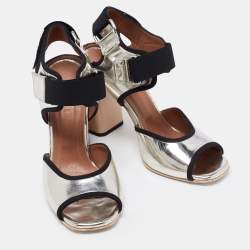 Marni Silver/Black Leather Ankle-Strap Block Heel Sandals Size 40