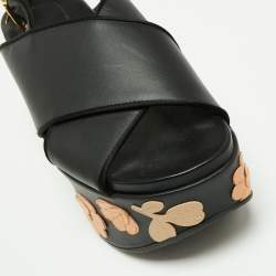 Pre Owned Marni Black Leather Cross Strap Floral Platform Sandals Size 40