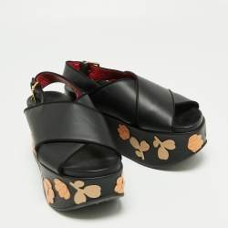 Pre Owned Marni Black Leather Cross Strap Floral Platform Sandals Size 40
